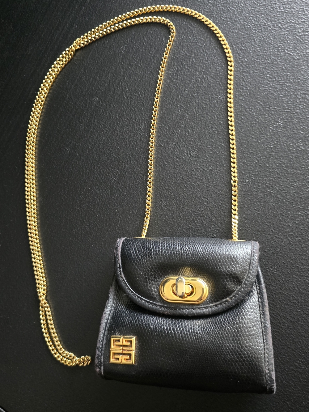 Vintage Black Leather Crossbody Bag with Gold Hardware Signed GIVENCHY